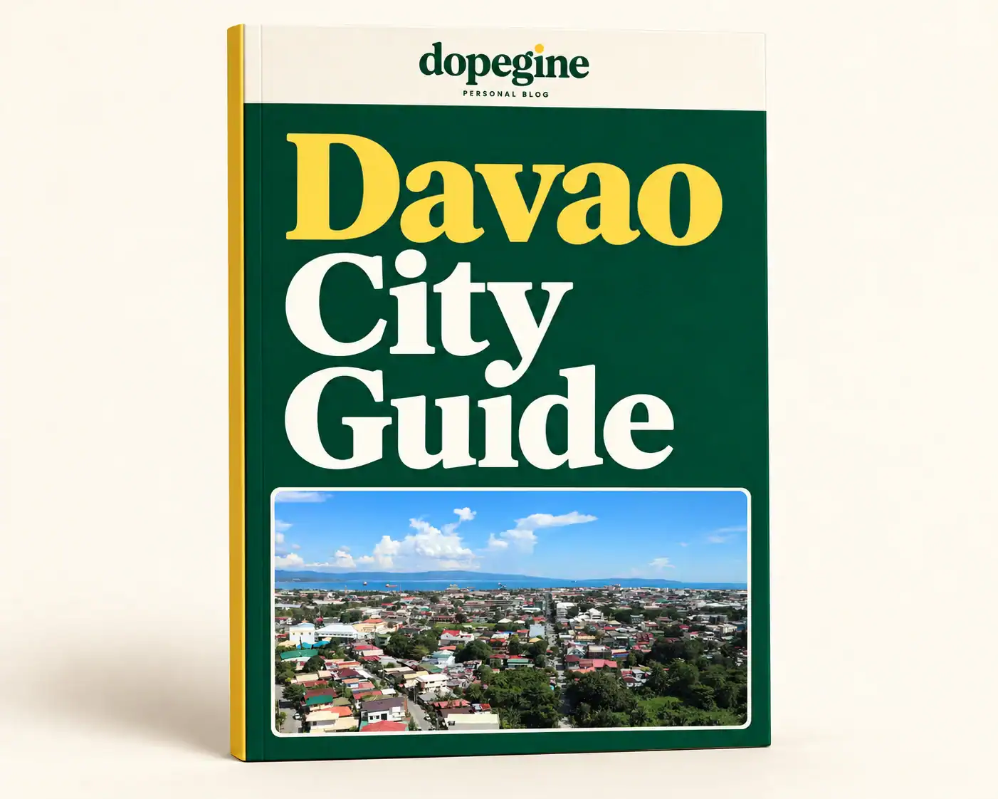 3D cover of Dopegine’s Davao City Guide with a photograph of Davao City